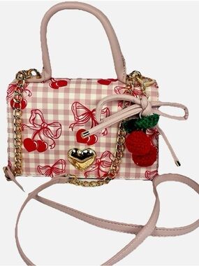 Betsy Johnson Heart Lock Pink Gingham Cherry Top-Handle Bag